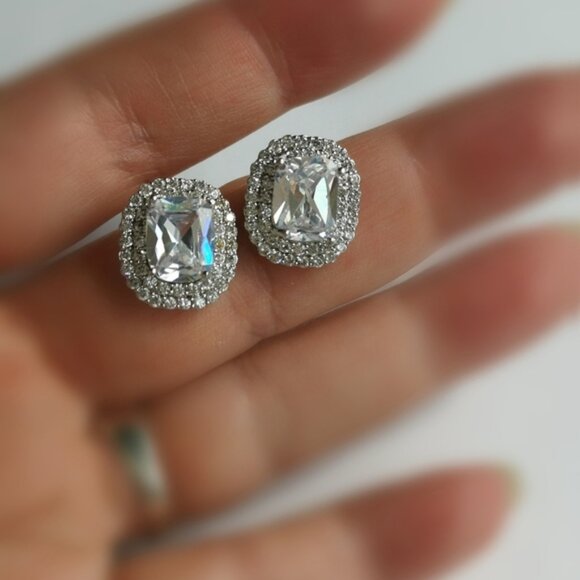 Emerald cut CZ Double Halo stud earrings - Picture 7 of 9